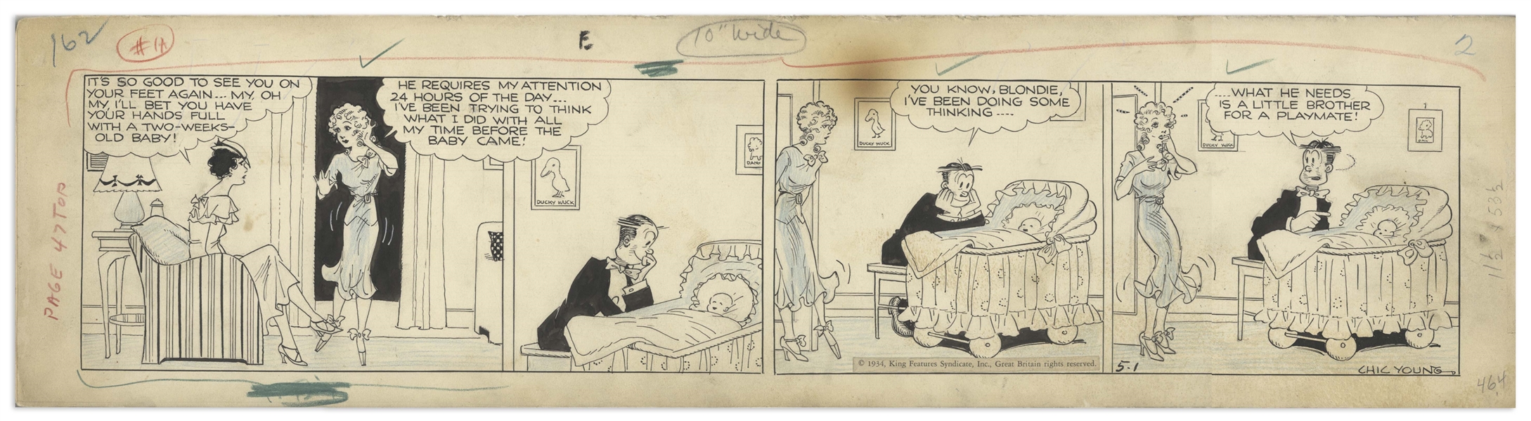 Chic Young Hand-Drawn ''Blondie'' Comic Strip From 1934 Titled ''A Forty-Eight Hour Shift'' -- Baby Dumpling Is Only 2 Weeks Old